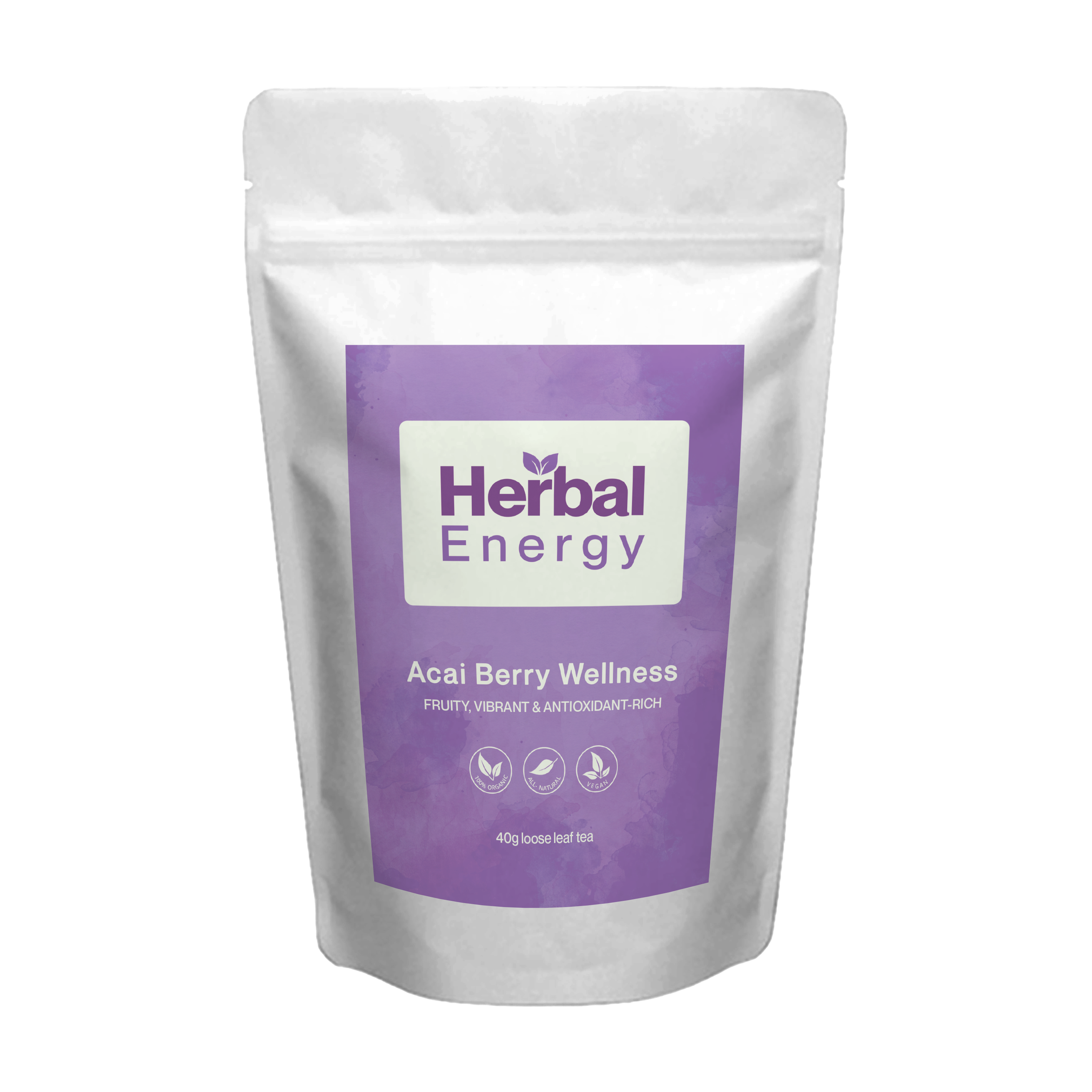 Herbal Energy Acai Berry Wellness organic herbal tea pouch with front label
