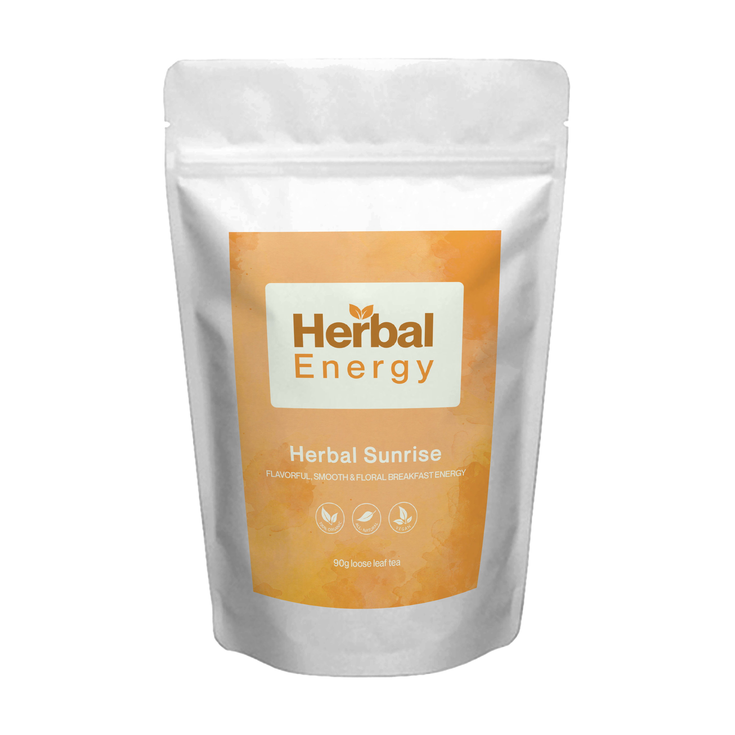 Herbal Energy Herbal Sunrise organic herbal tea pouch with orange label