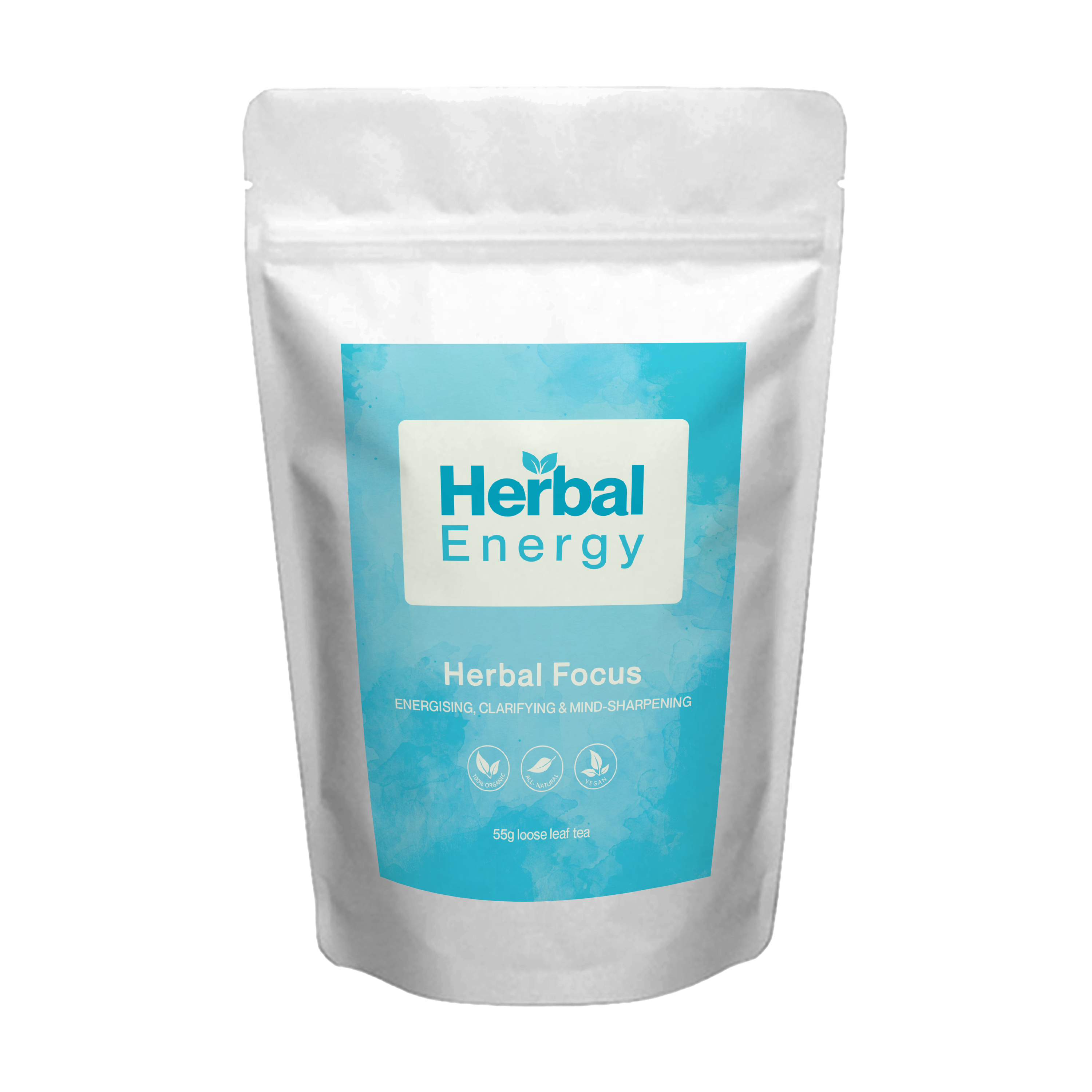 Herbal Energy Herbal Focus organic herbal tea pouch with teal label