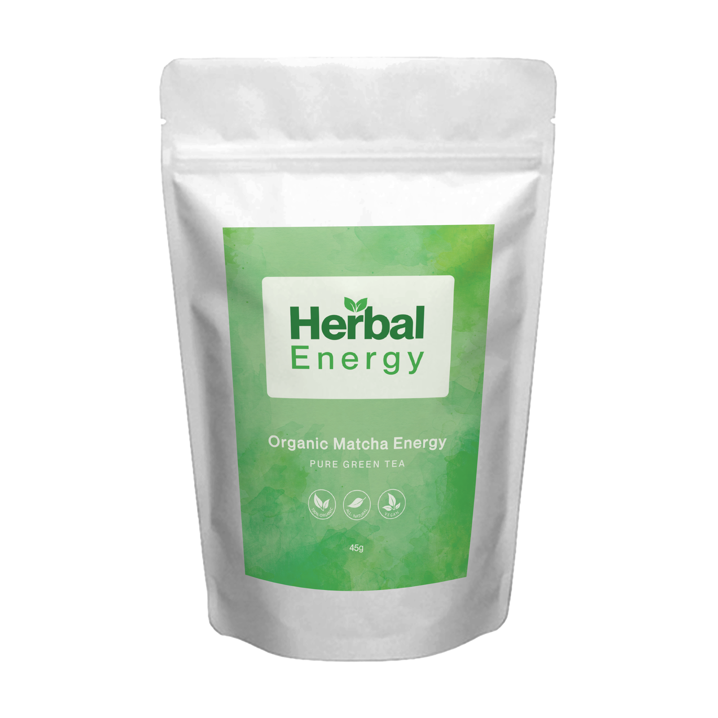 Herbal Energy Organic Matcha Energy tea pouch with front label