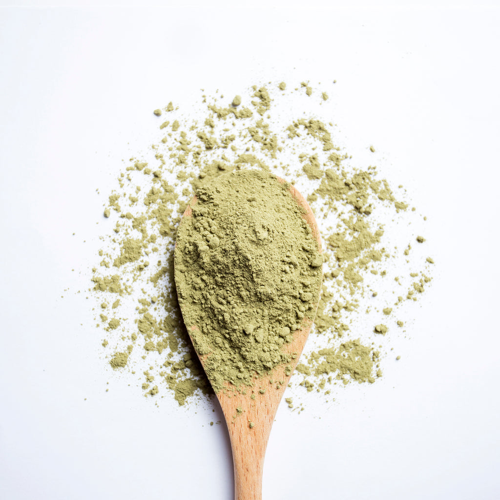 Organic matcha powder on wooden spoon for Herbal Energy Matcha Energy tea