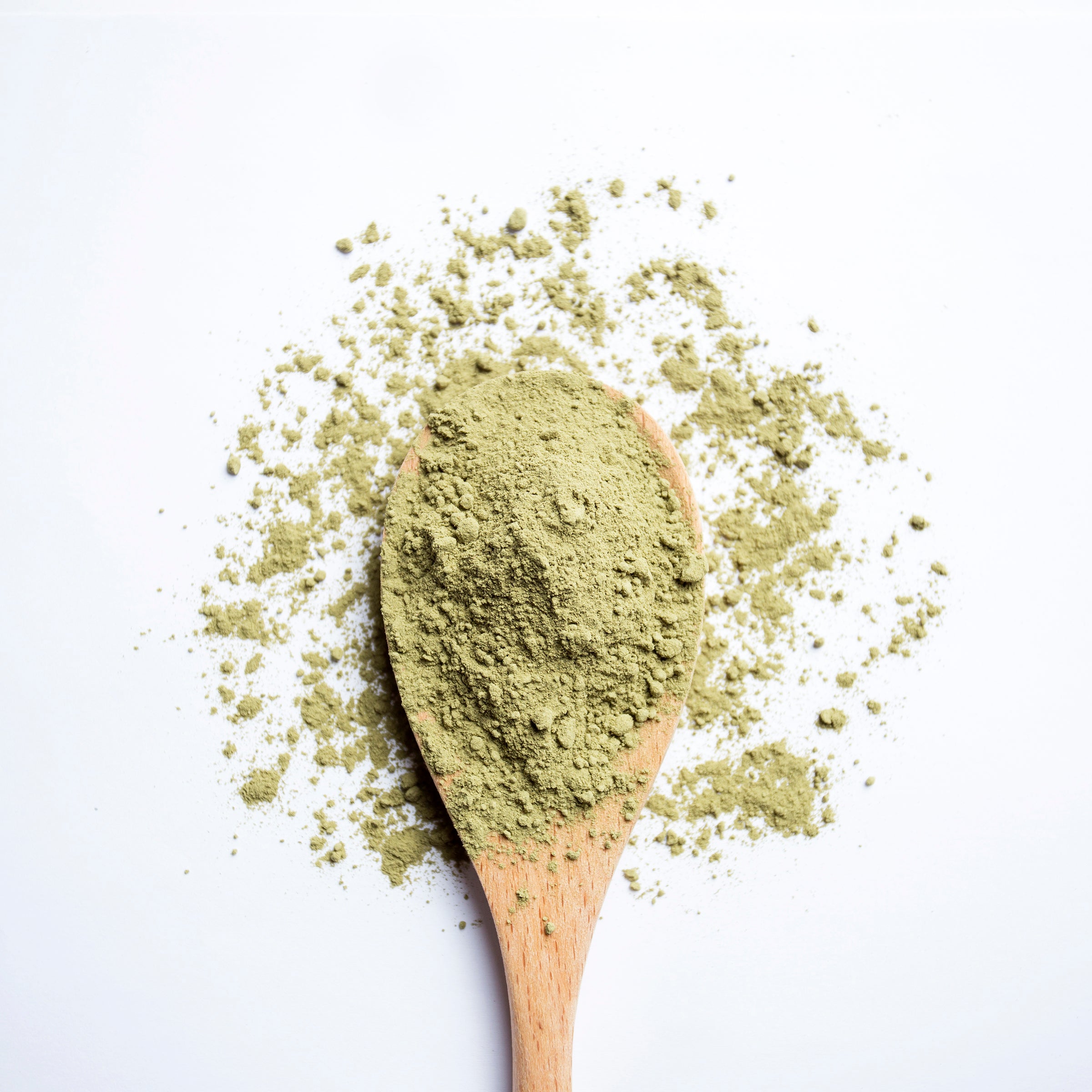 Organic matcha powder on wooden spoon for Herbal Energy Matcha Energy tea