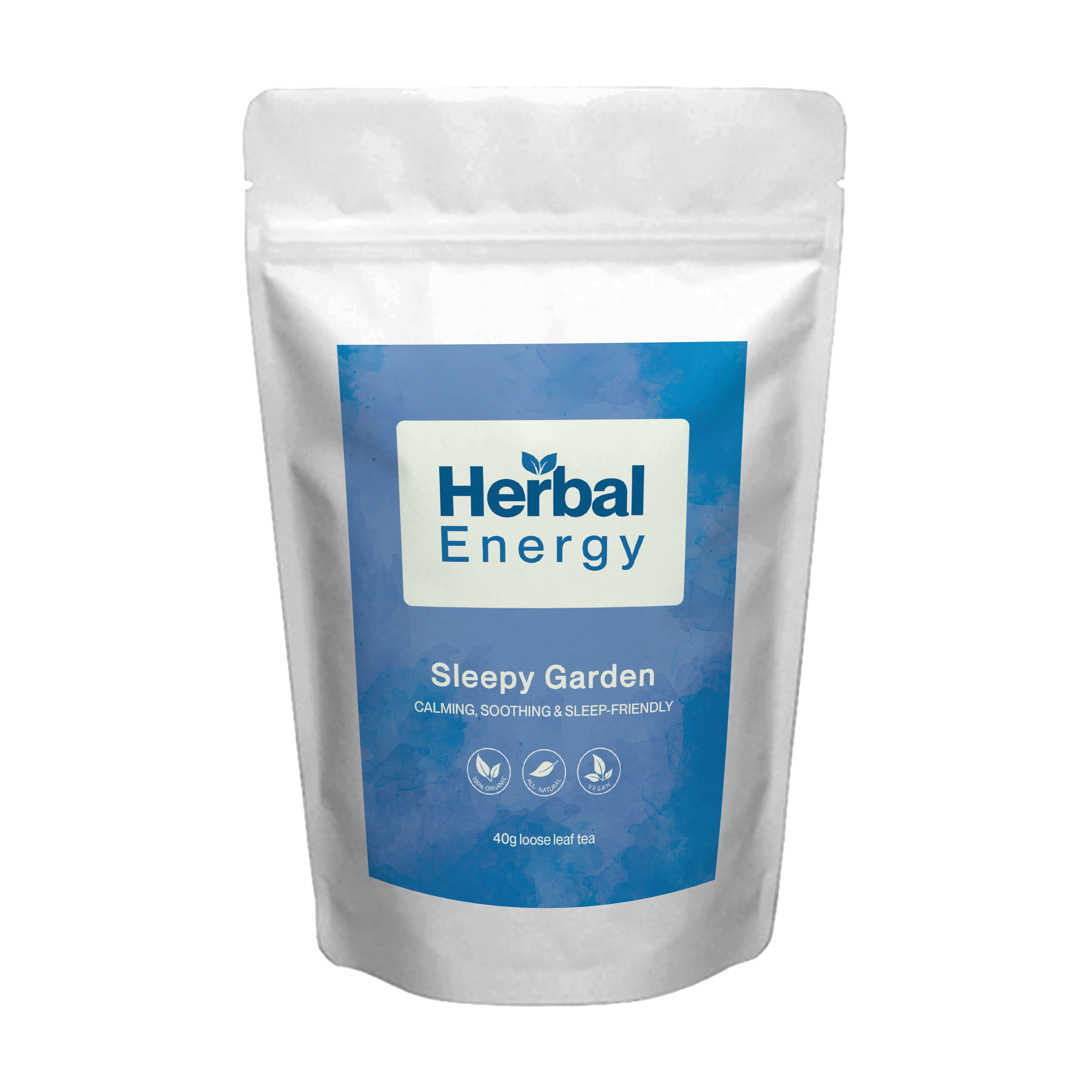 Herbal Energy Sleepy Garden organic herbal tea pouch with product label