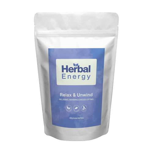 Herbal Energy Relax & Unwind organic herbal tea pouch with front label